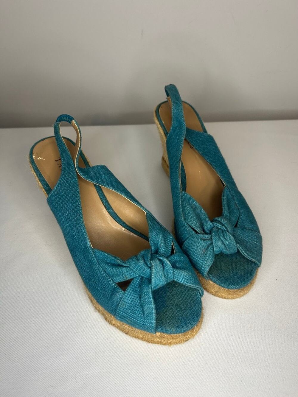 Talbots Pamela Bow Espadrille Wedge Sandals Teal Canvas Slingback Size 7